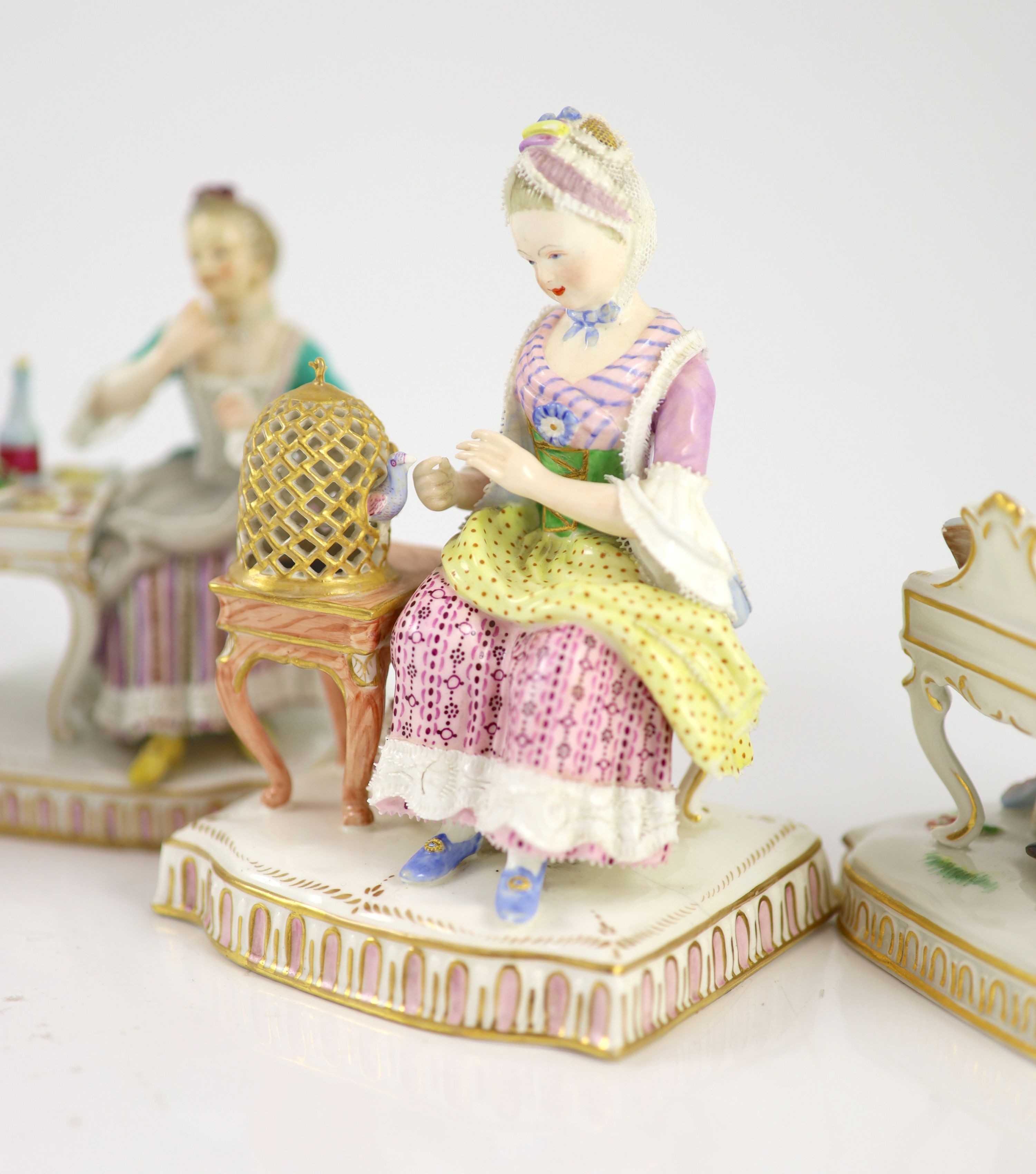 A composed set of five Meissen figures of the Senses, 19th/20th century, 12.5 cm - 14.5 cm high, small losses